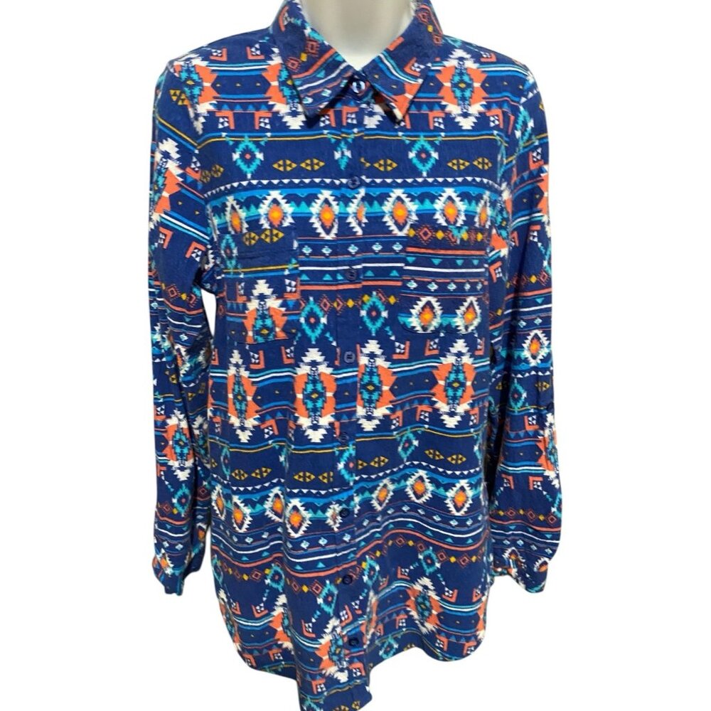 Derek‎ Heart Womens Aztec Print Button-Up Shirt Long Sleeve Blue Cotton